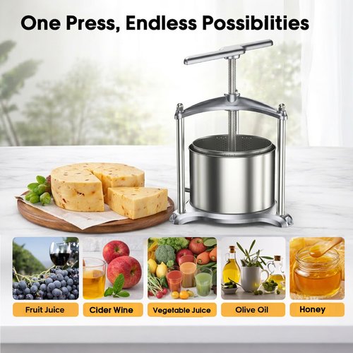 EJWOX Manual Cheese Press, 0.8 Gallon Heavy Duty Food Press for Cheese, Tofu & Vegetable Dehydration – Stainless Steel Basket Herb & Tincture Press with Filter Bags, Not for Hard Fruits