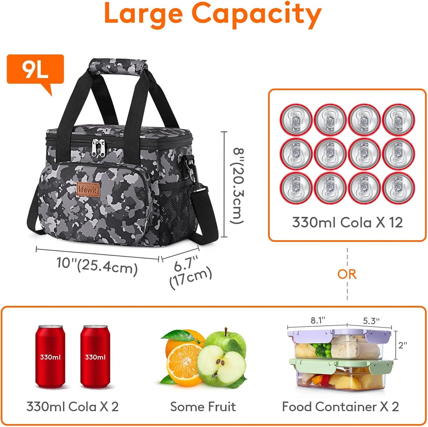 Lifewit Insulated Lunch Bag - Soft Cooler Tote for Adults | Black Camo, 12-Can Capacity (9L)