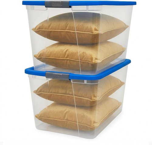 HOMZ Clear Plastic Storage Organizer Bins - 64 Quart Stackable Containers with Secure Latch & Blue Lid