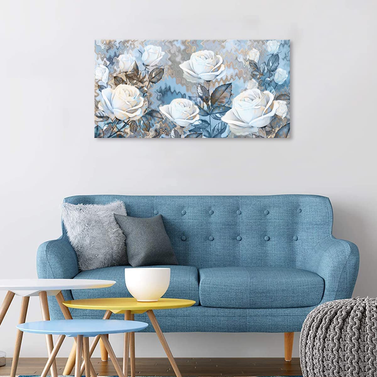 YIKG Living Room Rose Flower Wall Art Blue and White Floral Pictures on Canvas Prints for Home Walls Decor 48x24
