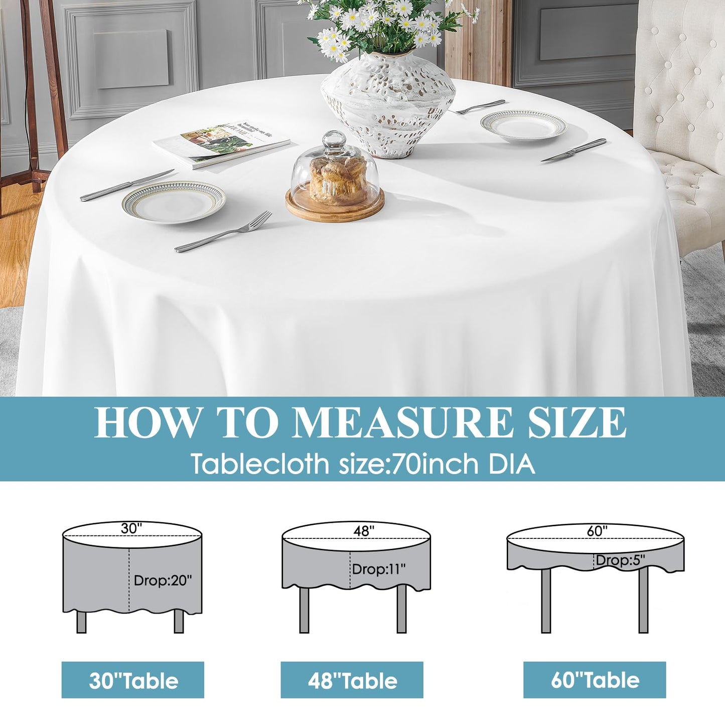 VidaFete 1 Pack 70inch Round Tablecloth Polyester Table Cloth, Stain Resistant and Wrinkle Polyester Dining Table Cover for Kitchen Dinning Party Wedding Rectangular Tabletop Buffet Decoration(White)
