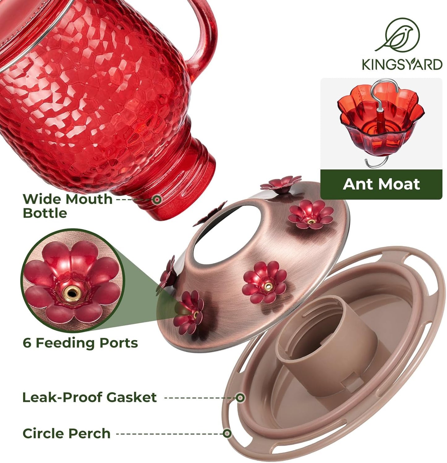 Kingsyard Hummingbird Feeder - 16 Oz Outdoor Glass Nectar Feeder with 6 Feeding Ports & Ant Moat | Red Garden Décor Gift