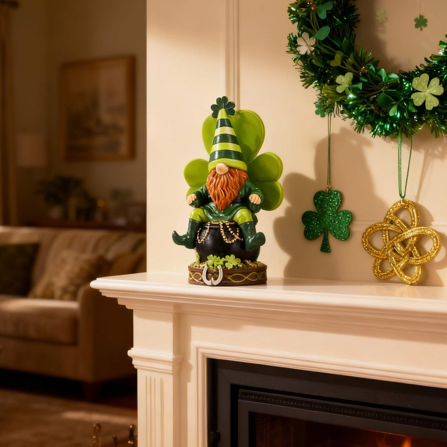 Skiennix St. Patrick's Day Gnome Decorations - Resin Leprechaun Pot of Gold Figurines | Green Indoor Centerpieces