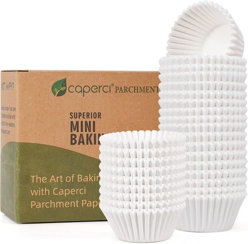Caperci Mini Cupcake Liners - 400 Pcs White Paper Muffin Liners for Non-Stick Baking | Food Grade