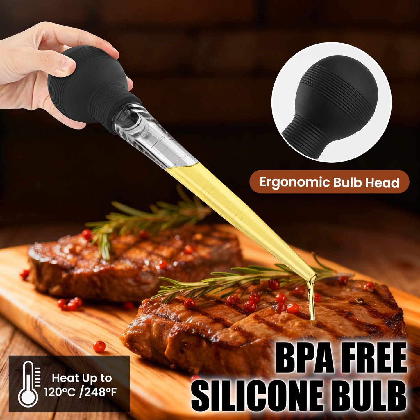 BAUSAR Large Turkey Baster for Cooking - Premium Baster Syringe for Hot Liquids - Heat-Resistant Silicone Bulb, Easy-Grip Design with Cleaning Brush - Dishwasher Safe - Baste Food with Ease - Black