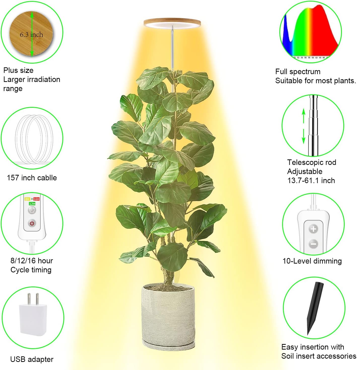 Yadoker LED Plant Grow Light - Full Spectrum Indoor Growing Light with Adjustable Height & Timer | 5V Safe Voltage