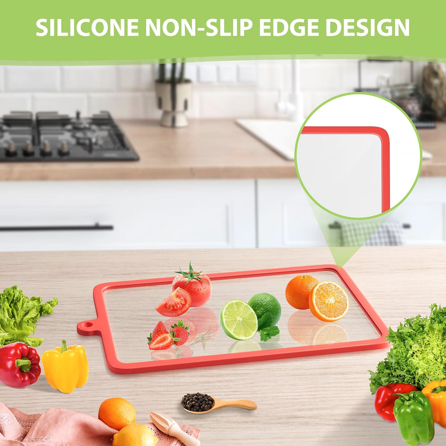 Freshmage 2Pcs Tempered Glass Cutting Boards for Kitchen, Glass Cutting Board Set (10"x6" & 12"x8") with Non-Slip Silicone Edges and Hanging Hole, Clear Cutting Board for Countertop & Everyday Prep