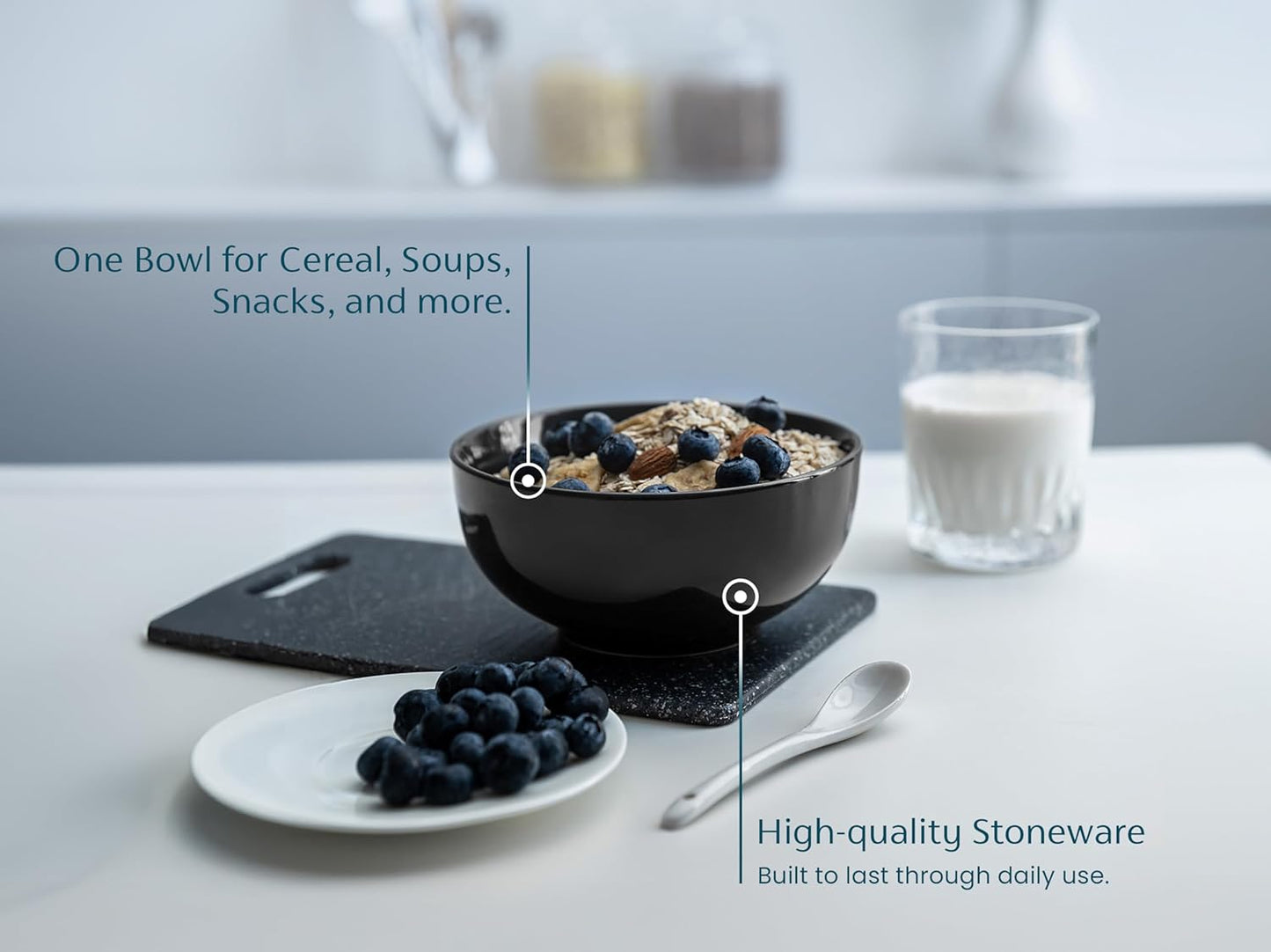 KooK Ceramic Soup & Cereal Bowls - Microwave & Dishwasher Safe, 20 oz, Set of 6 - Black