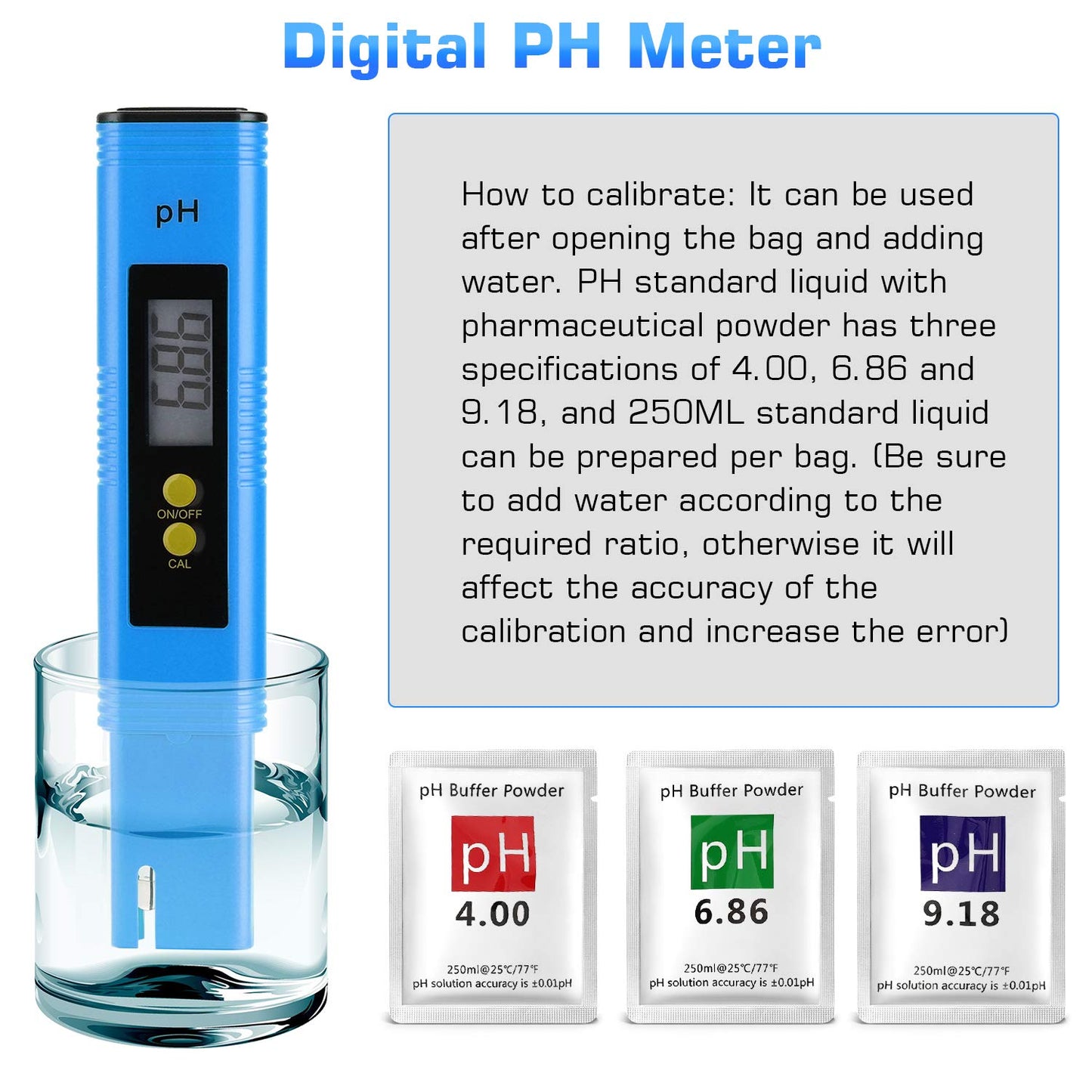 PH Meter for Water Hydroponics Digital PH Tester Pen 0.01 High Accuracy Pocket Size with 0-14 PH Measurement Range for Household Drinking, Pool and Aquarium (1, Blue, Normal)