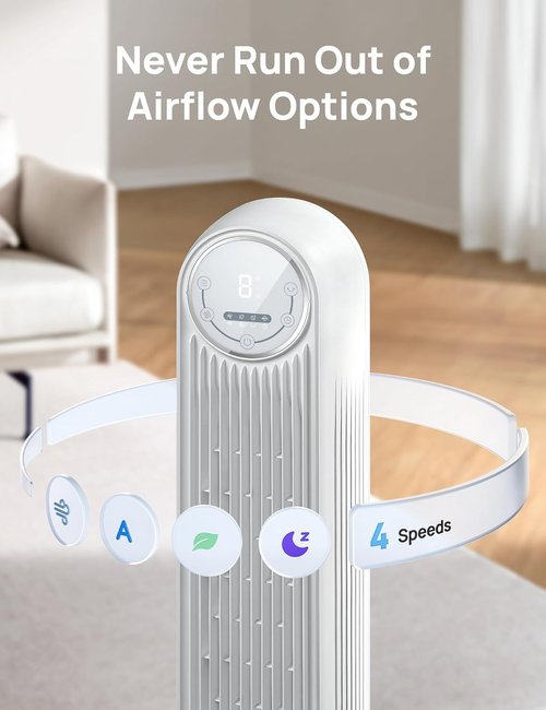DREO Tower Fan - Quiet Bladeless Indoor Fan with 90° Oscillation, 4 Speeds & 8-Hour Timer - White (DR-HTF007)