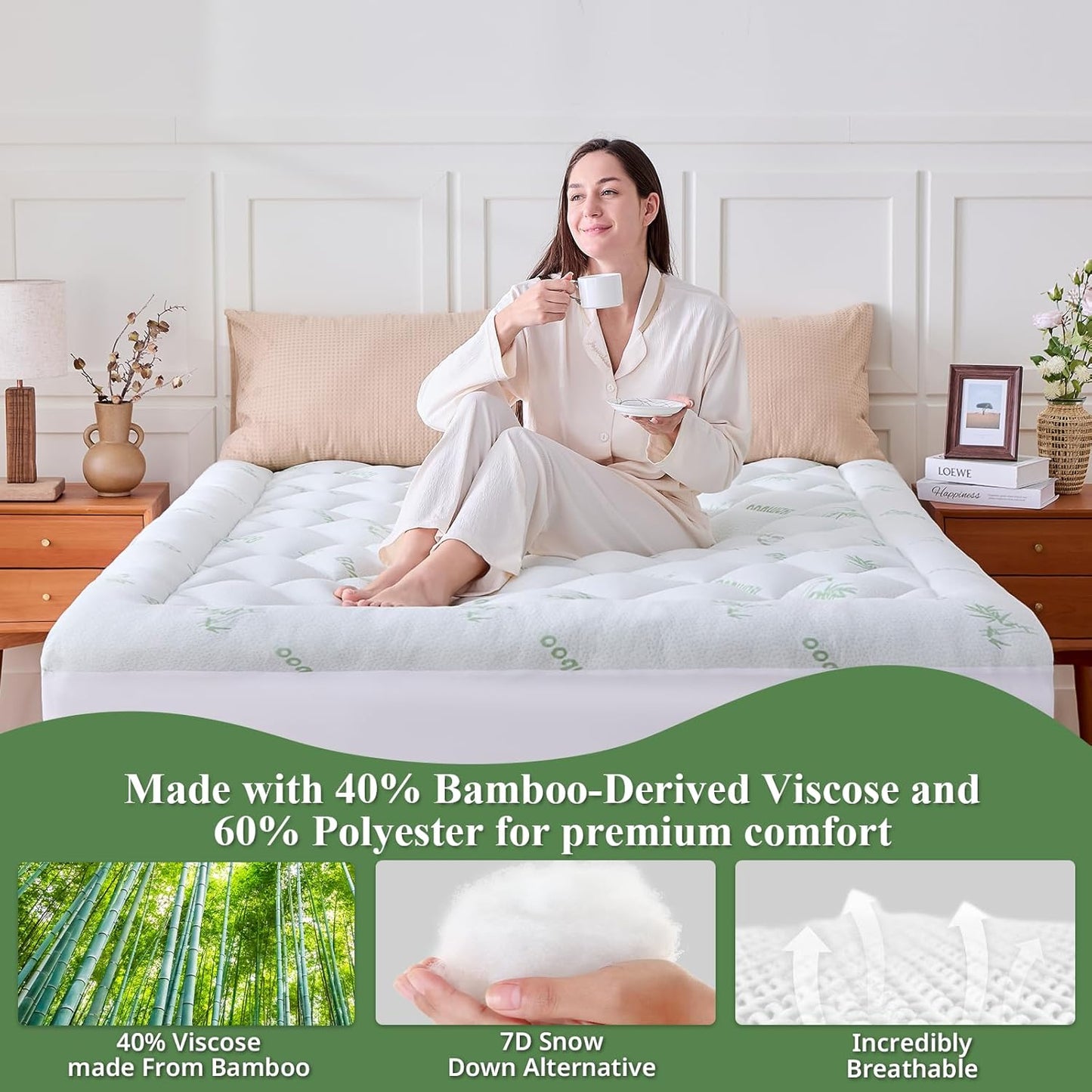Skiennix Twin XL Mattress Topper - Bamboo Pillow Top for Cooling Comfort & Back Pain Relief, White