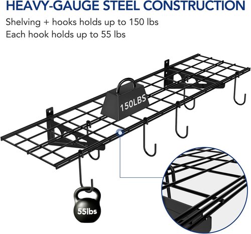 FLEXIMOUNTS Garage Wall Shelving - 1x4 Ft Storage Rack with 6 Bike Hooks | 150 lbs Capacity