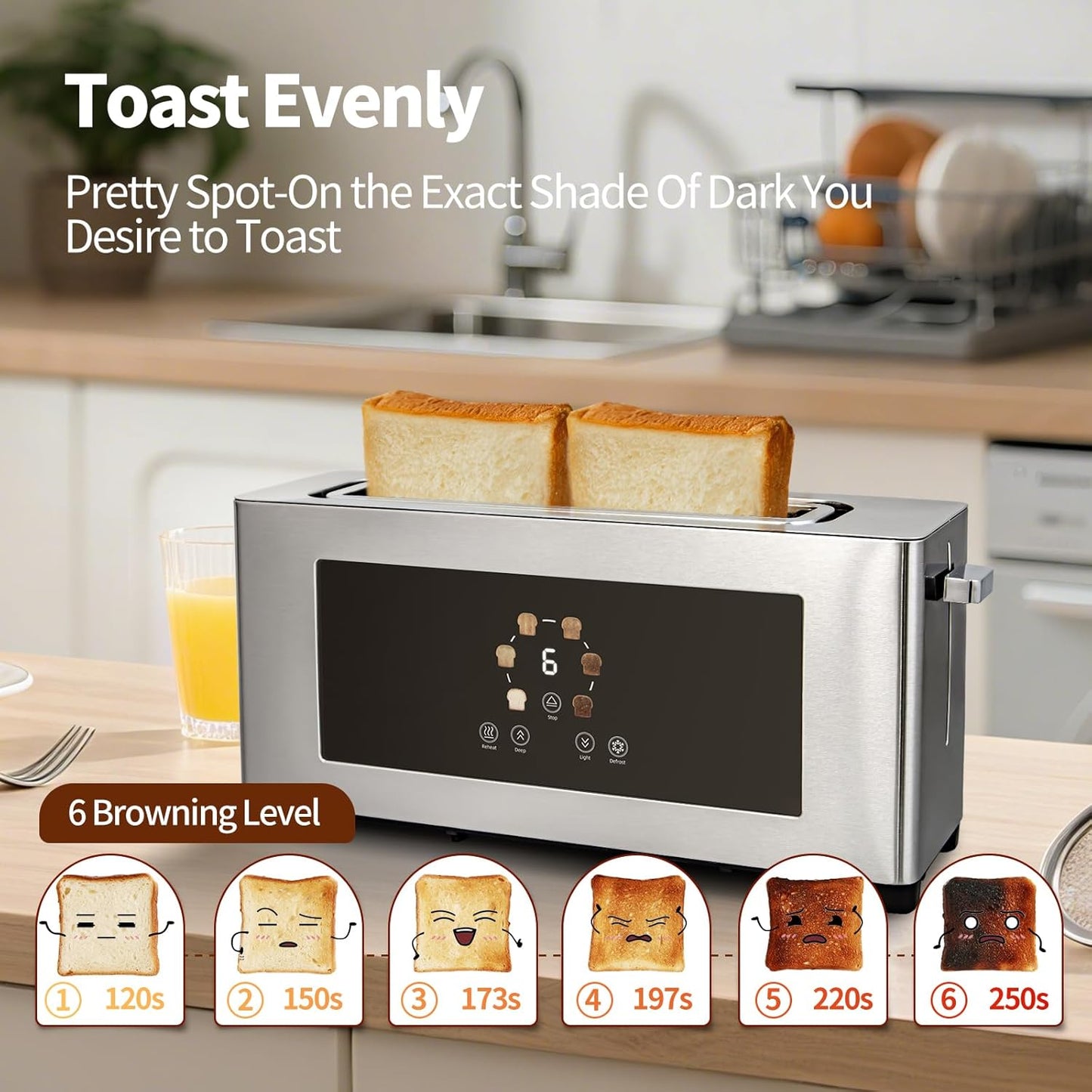 Touch Screen Toaster - LCD Display, 2 Slice Design with 10" Long Slot for Baguettes & 6 Browning Levels