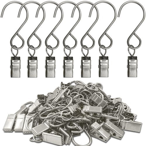 AMZSEVEN Stainless Steel S Hooks Curtain Clips, 50 Pack Hanging Party Lights Clips, Hangers Gutter Photo, Art Craft Display, 3 Inch Long, Silver