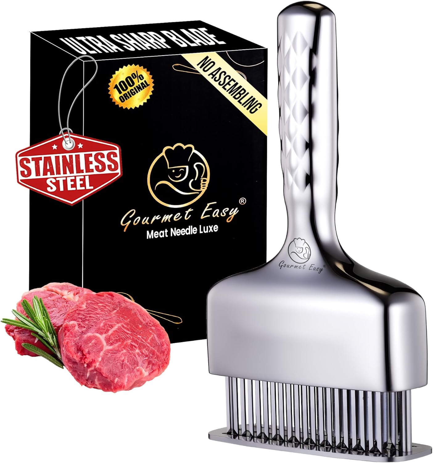 Meat Tenderizer Tool - Skiennix Stainless Steel Blade with Extra Long Handle | Rustproof One-Piece Design