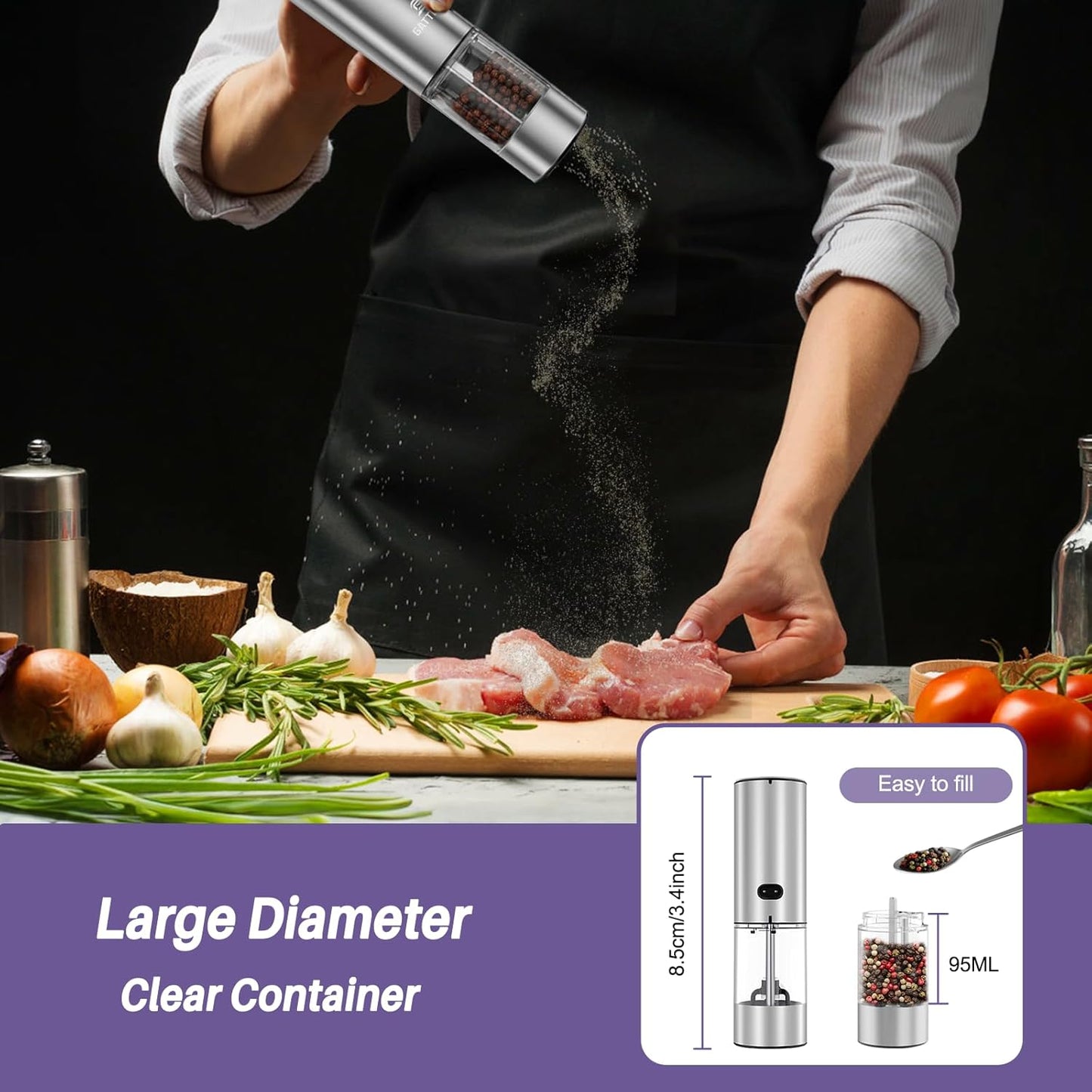 Skiennix Electric Salt and Pepper Grinder Set - Automatic Mill with LED Light & Adjustable Coarseness - Rechargeable Black & Sea Salt