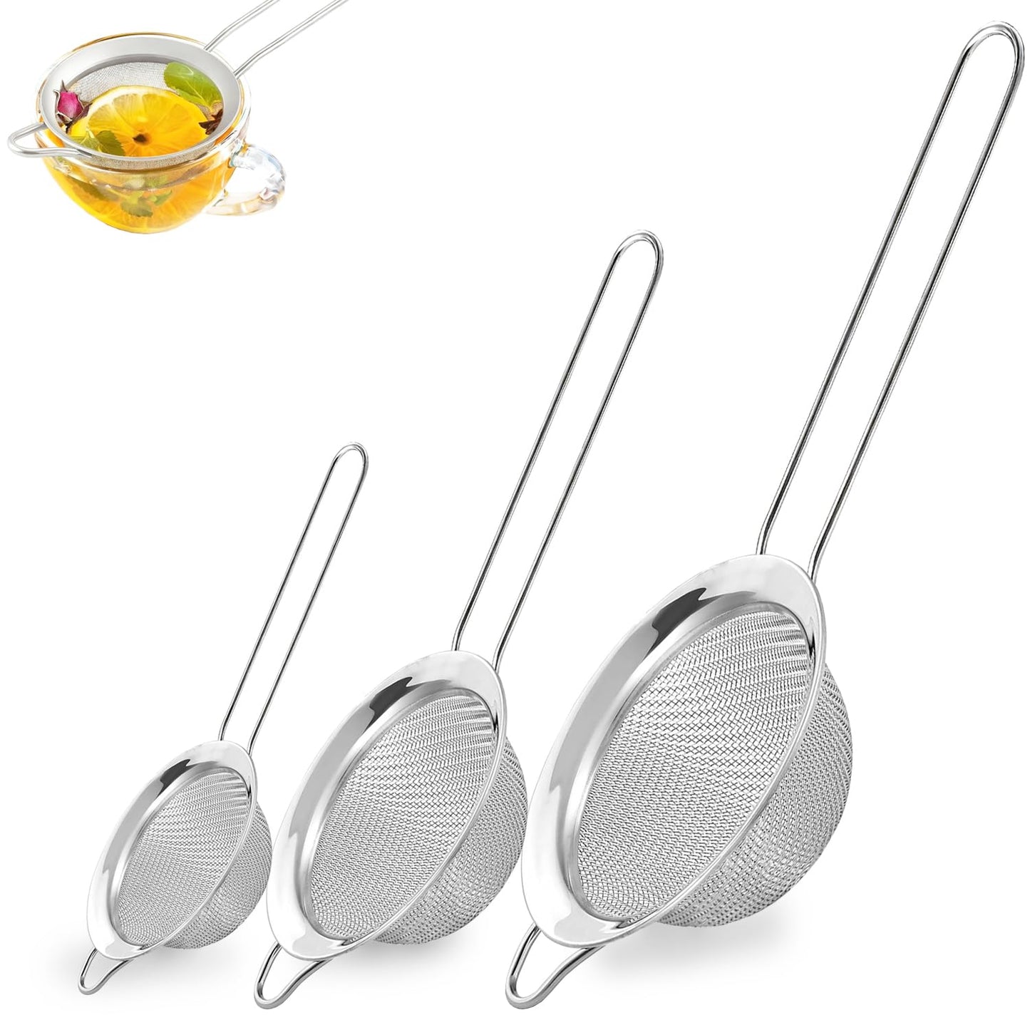 3Pcs Fine Mesh Strainer with Handle, Small Medium Large Size Sieve Strainers Set, Stainless Steel Sifter Colander for Kitchen Baking Juice Quinoa Food Flour