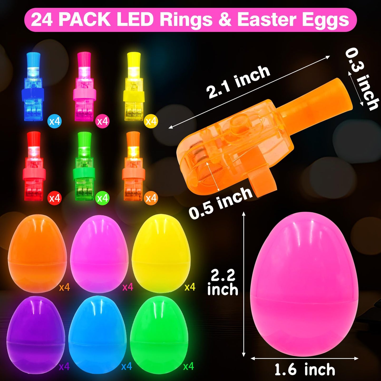 24 Pack Easter Eggs Filled LED Finger Lights ,LED Light Up Toys Glow In The Dark Non Candy Gifts Easter Egg Fillers Easter Hunt Filling Treats Easter Basket Stuffers Party Favor for Kids Boys Girls