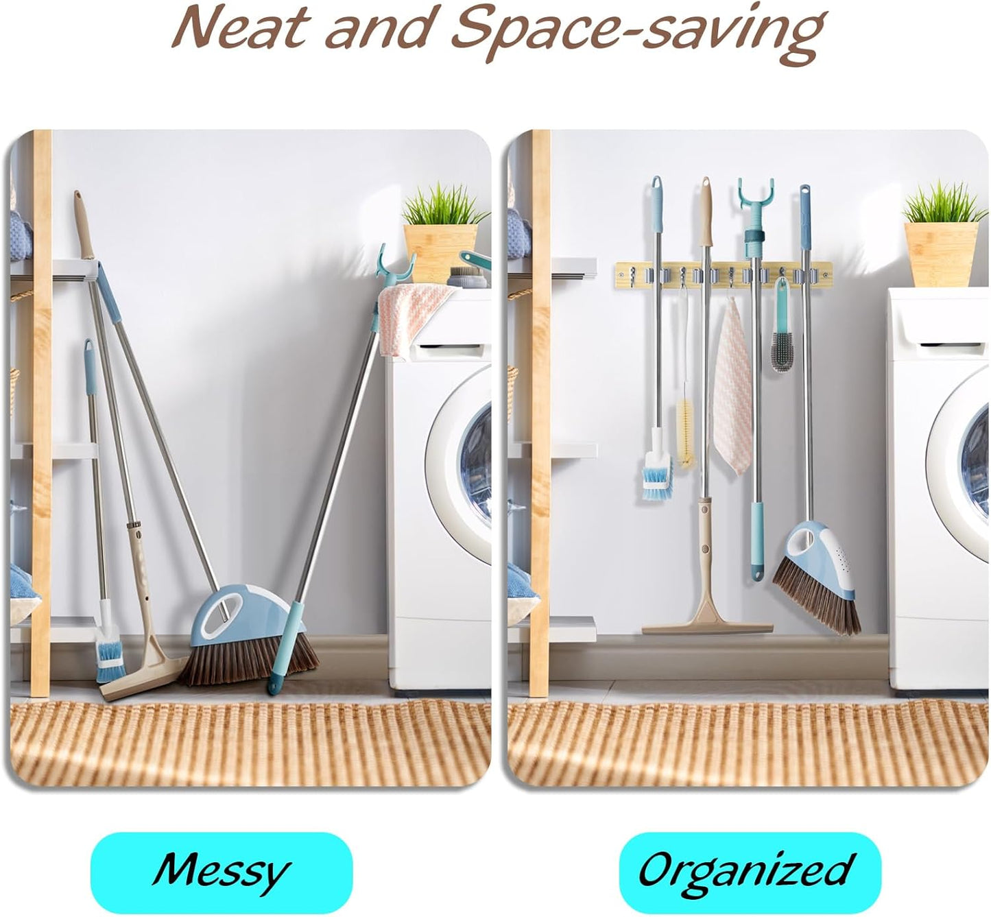 OUTNILI Mop and Broom Holder Wall Mount - Light Wood Organizer with 4 Slots & Hooks for Garage, Kitchen, Laundry Room