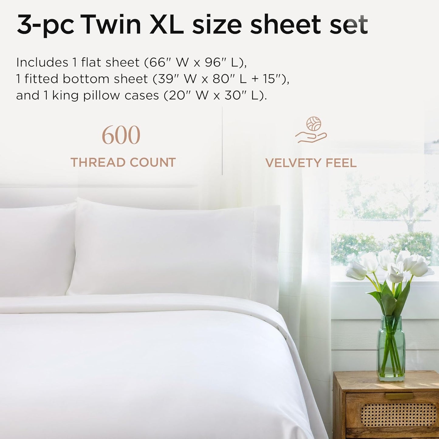 Threadmill 100% Cotton Twin XL Bed Sheets Set - 600 Thread Count with 15” Deep Pocket | Cooling Sateen Weave, White