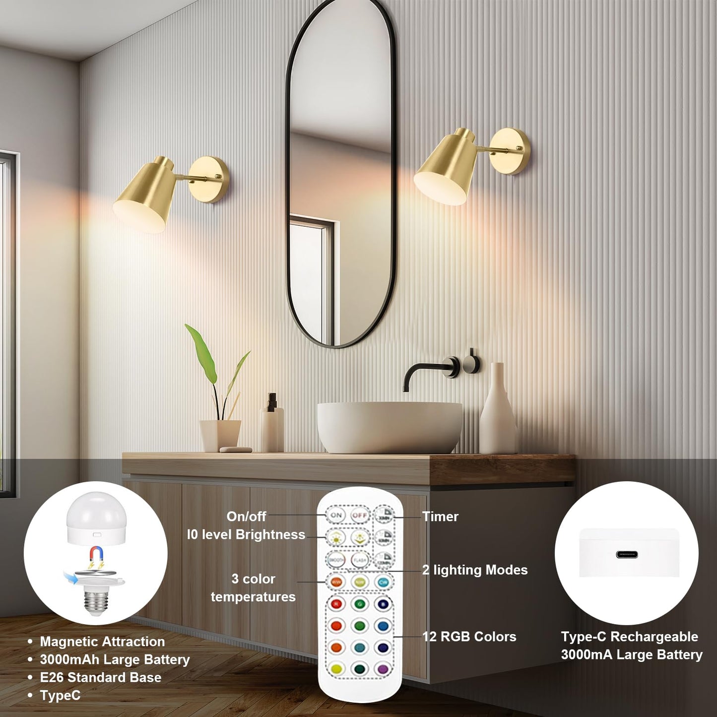 VATONI Battery Operated Wall Sconces Set of 2, Rechargeable Battery Operated Wall Lights Wireless Wall Sconce with Remote Control, Dimmable Wall Sconces Gold Wall Light for Bedroom Bedside LivingRoom