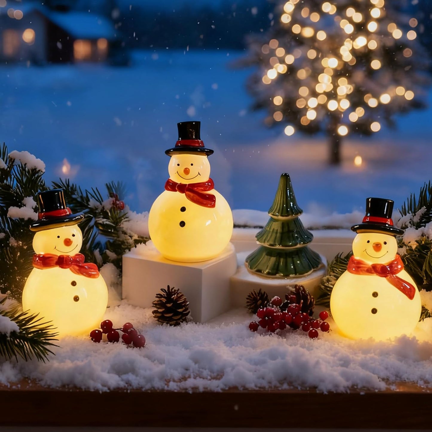Nerosun Christmas Snowman Figurines - 3 Pack Cute LED Lighted Tabletop Decorations for Winter Decor