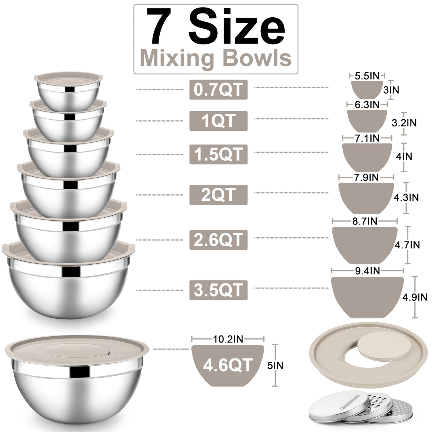 E-far Mixing Bowls with Lids Set, 7-Piece Stainless Steel Metal Mixing Bowls with Grater Attachments, Size 4.6, 3.5, 2.6, 2, 1.5, 1, 0.7QT, Nesting Design & Khaki Airtight Lids, For Cooking/Serving