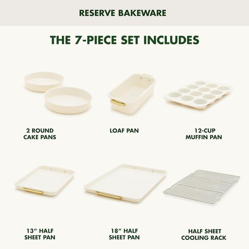 GreenPan Bakeware Set - 7 Piece Nonstick Ceramic Baking Set with Gold Handles | PFAS & BPA Free, Cream