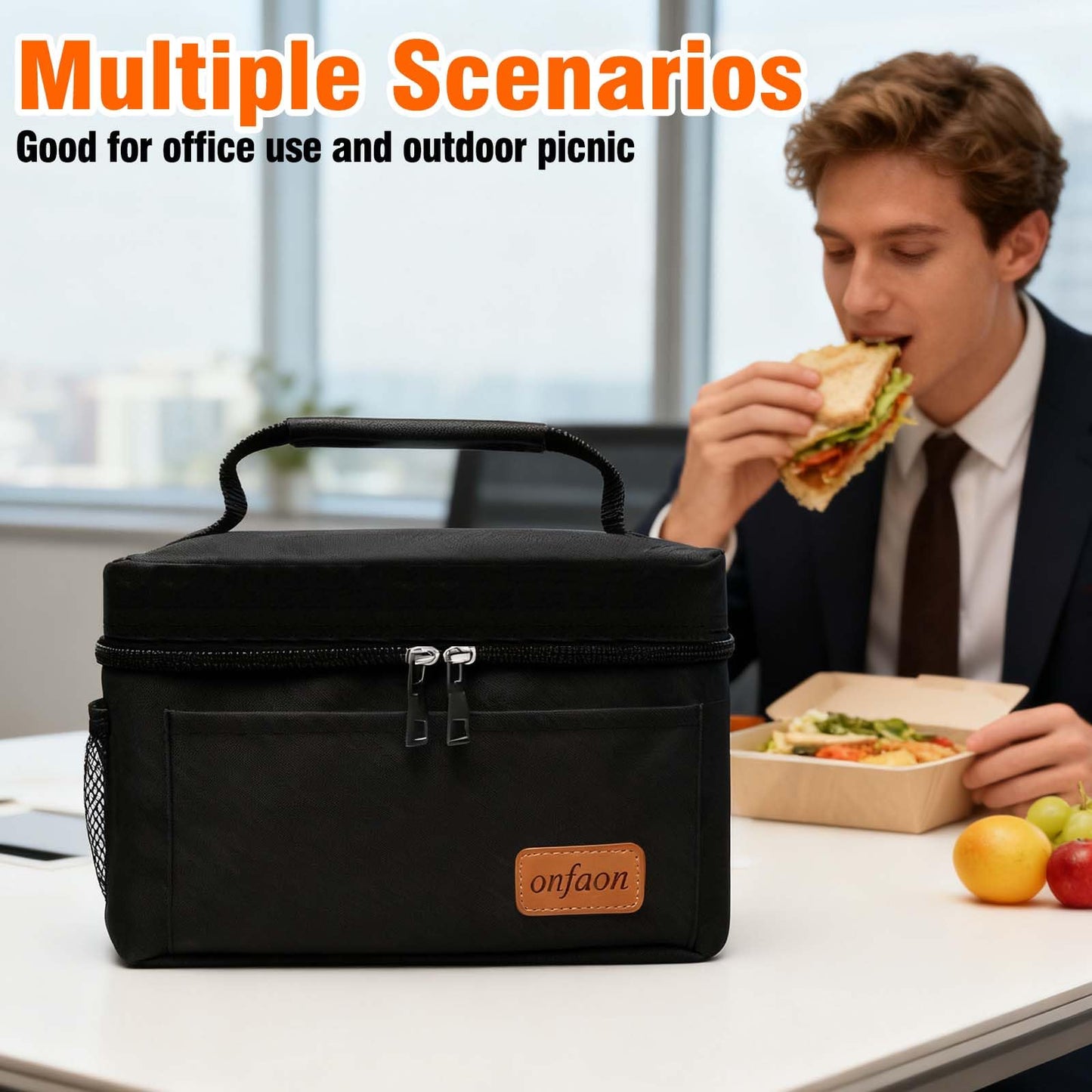 ONFAON Lunch Bag for Men/Women, Insulated Reusable Lunch Box Leakproof Cooler Tote Bag Freezable with Adjustable Shoulder Strap for Office Work Picnic Beach(Black)