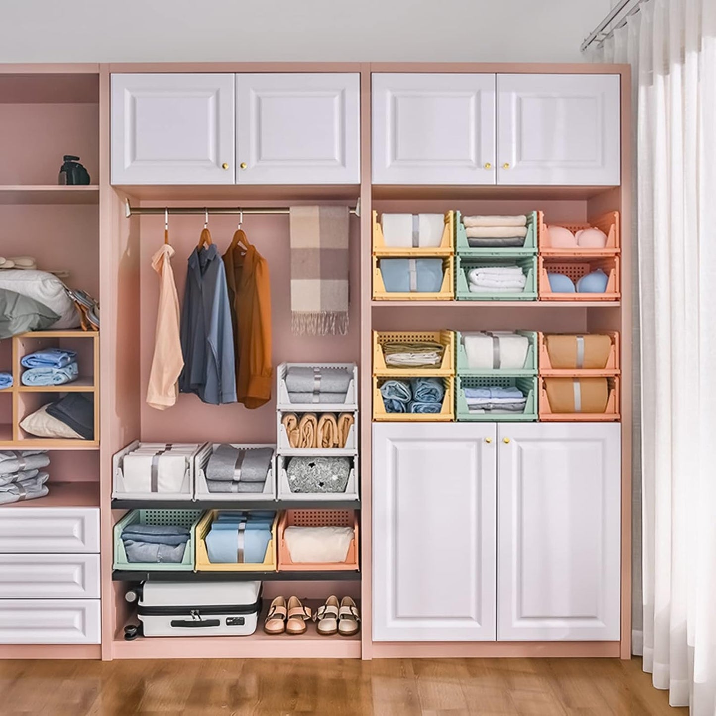 Skiennix Folding Closet Organizers - Stackable Storage Bins for Home & Office | White, 4-Pack