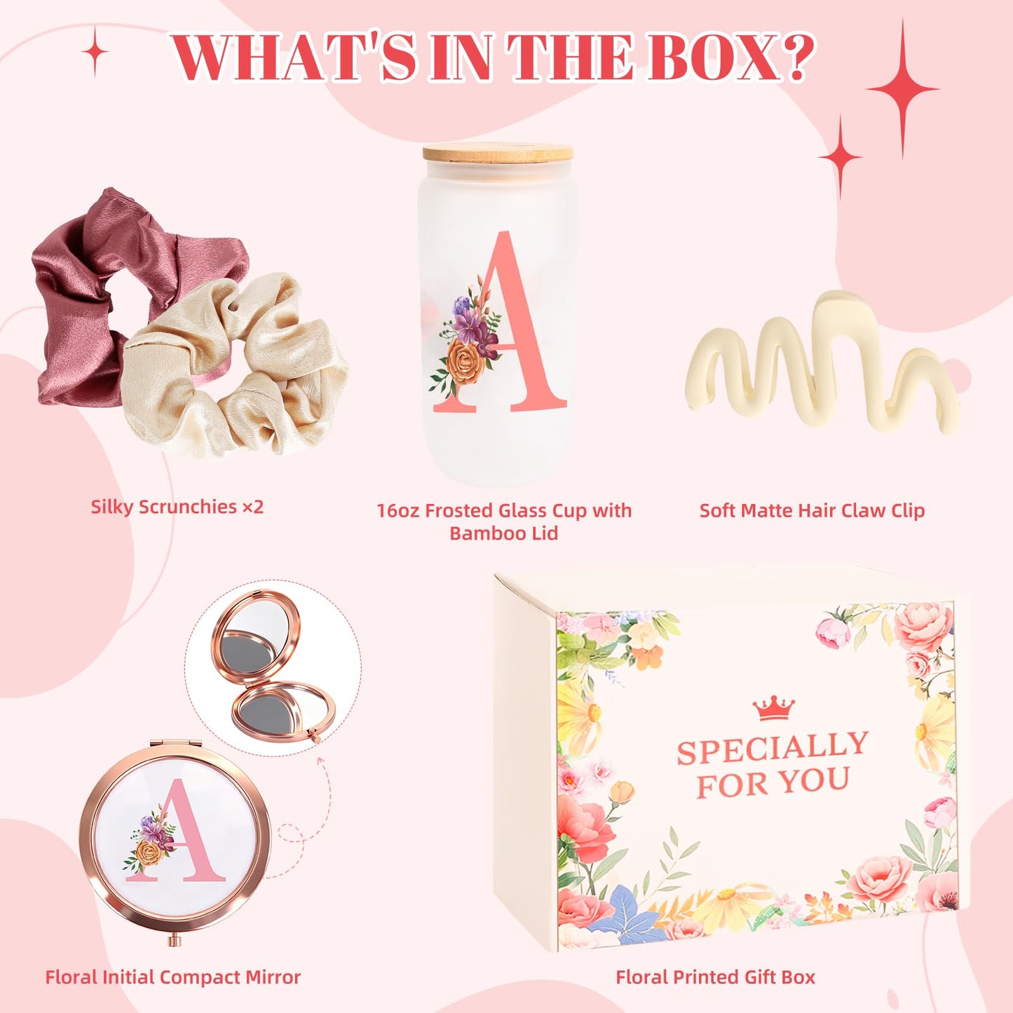 GooBird Personalized Monogrammed Gift Box for Women & Teen Girls–Pink Tumbler, Mirror & Hair Accessories Set, Initial A Gifts for Her, Sister, Daughter, Friends, Bridesmaid or Teacher