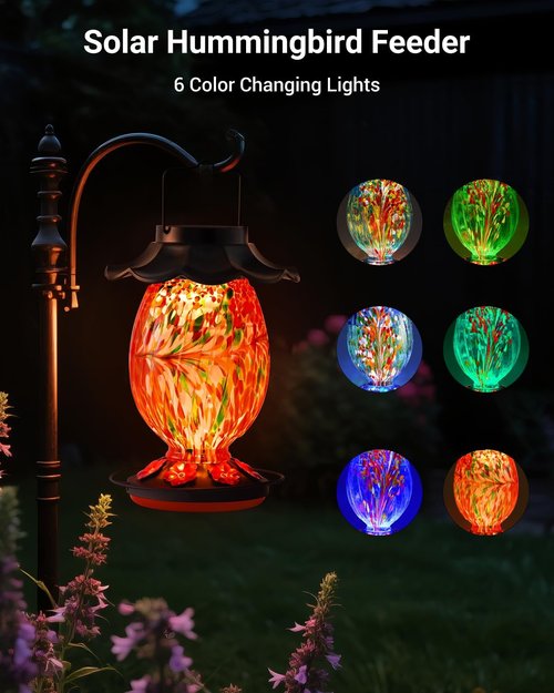 HouseSapp Solar Hummingbird Feeder - 49 Fl. Oz Color Changing Hand Blown Glass - 7 Feeding Ports & Perch