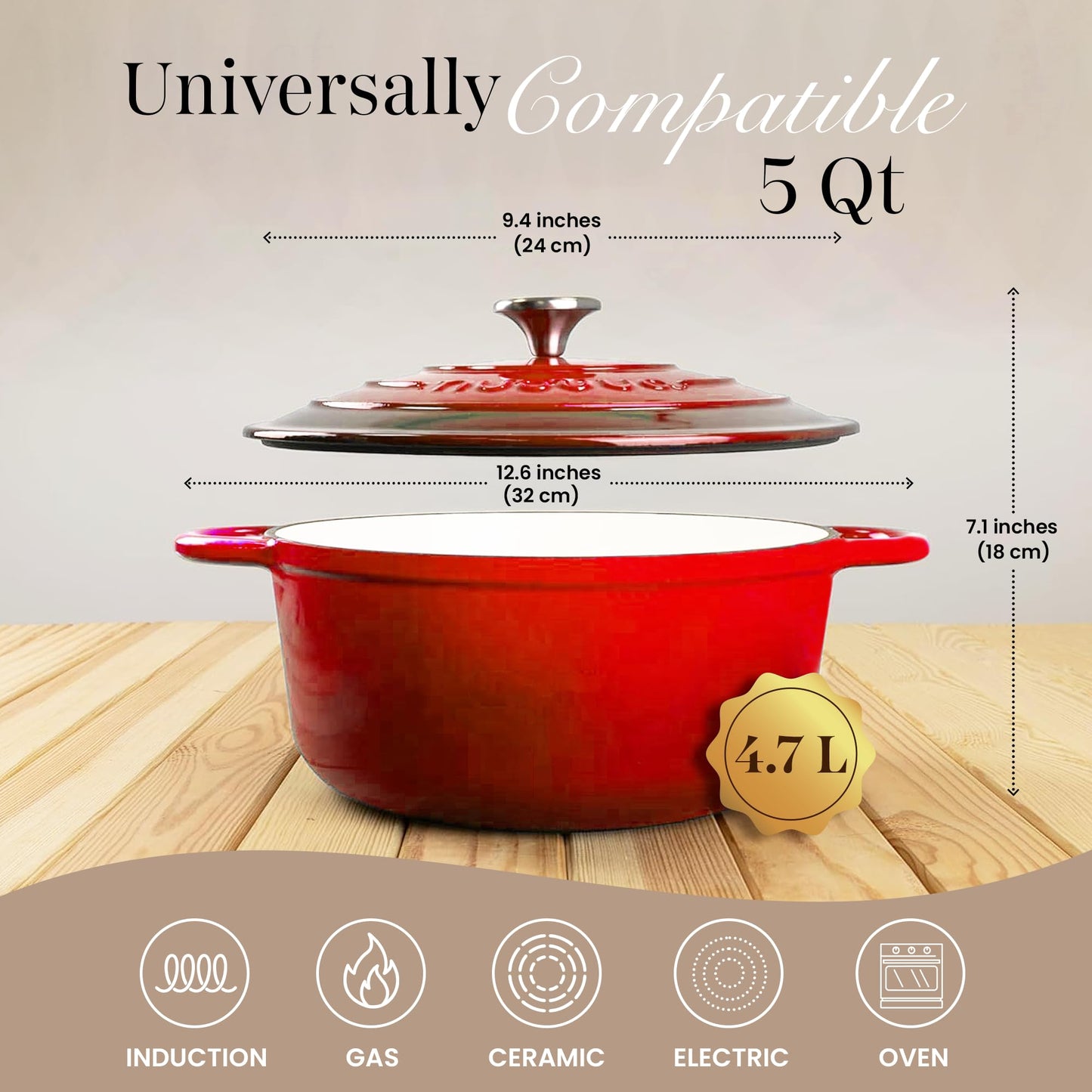 Cast Iron Pot with Lid – Non-Stick Ovenproof Enamelled Casserole Pot, Oven Safe up to 500° F – Sturdy Dutch Oven Cookware – Red, 5-Quart, 24cm – by Nuovva