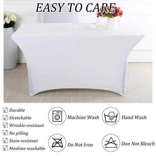 Fivenl 6FT Spandex Table Cover Table Cloth for Folding Tables Fitted Rectangular Tablecover Washable Wrinkle Resistant Polyester Stretch Tablecloth Protector for Wedding Banquet Party (4 Pack, White)
