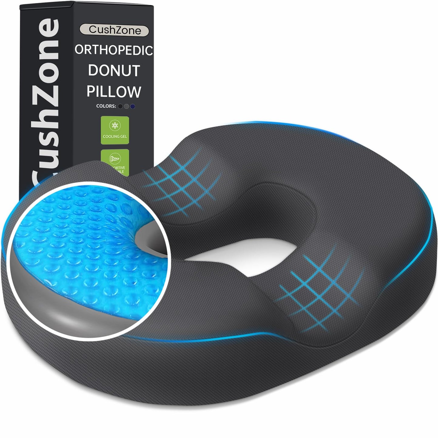 Donut Pillow Seat Cushion - Cooling Gel Donut Chair Cushions, Memory Foam Seat Cushion for Office & Home, Car Seat Cushion and Butt Pillow, Hemorrhoids Pillow and Tailbone Pain Relief, Grey