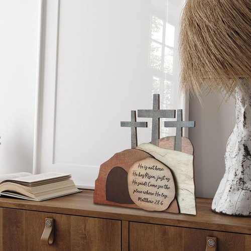 Christian Home Decor The Empty Tomb Easter Scene and Cross Decoration, Easter Resurrection Scene Set Wooden Jesus Sign for The Home, Tabletop, Office (B)