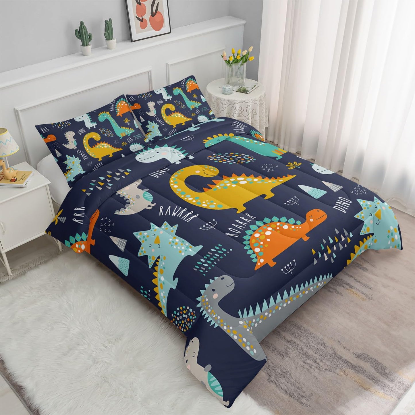 Datura home Bedding Comforter Set Kawaii Cartoon Dinosaur Printed Pattern with 1 and 2 Pillowcases for Boys Bedroom All Season(Cute Dinosaur Full) Full 80x90inches