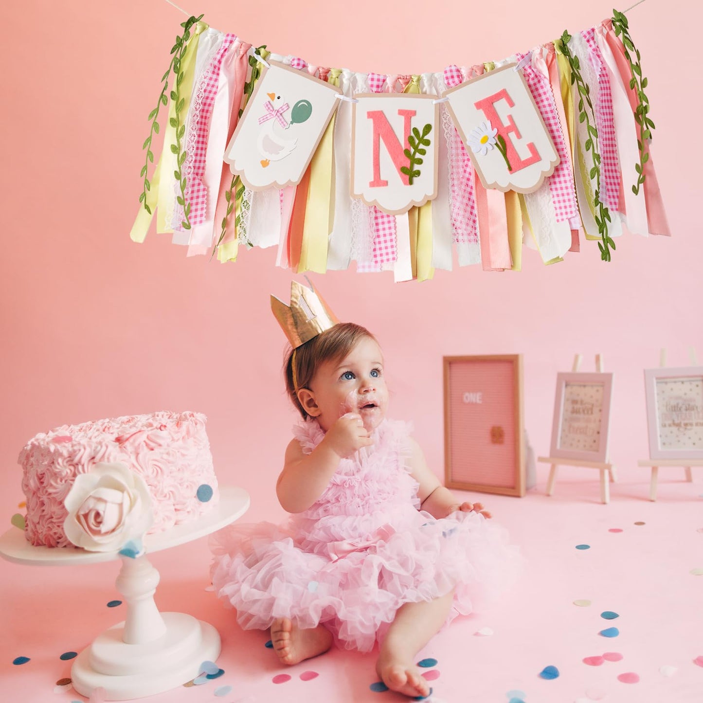 Pre - stung Silly Goose High Chair Banner for Girls1st Birthday - Pink & Gold Baby Girl Cake Smash Cake Smash Props, Premium First Birthday ONE Banner Party Decoration