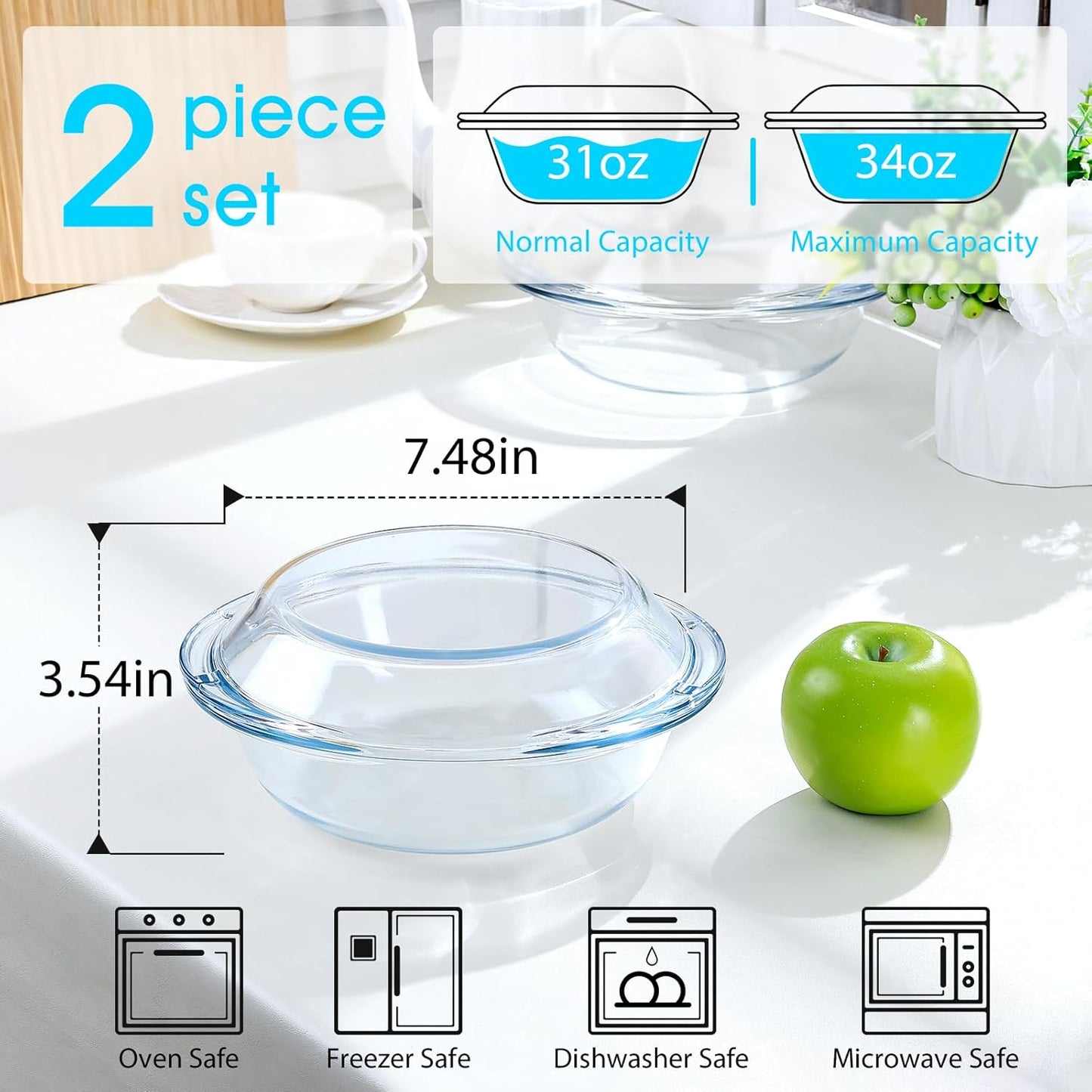Skiennix 2-Piece Glass Casserole Dish Set - 1 Liter Round Oven Safe Bakeware with Lid & Handles