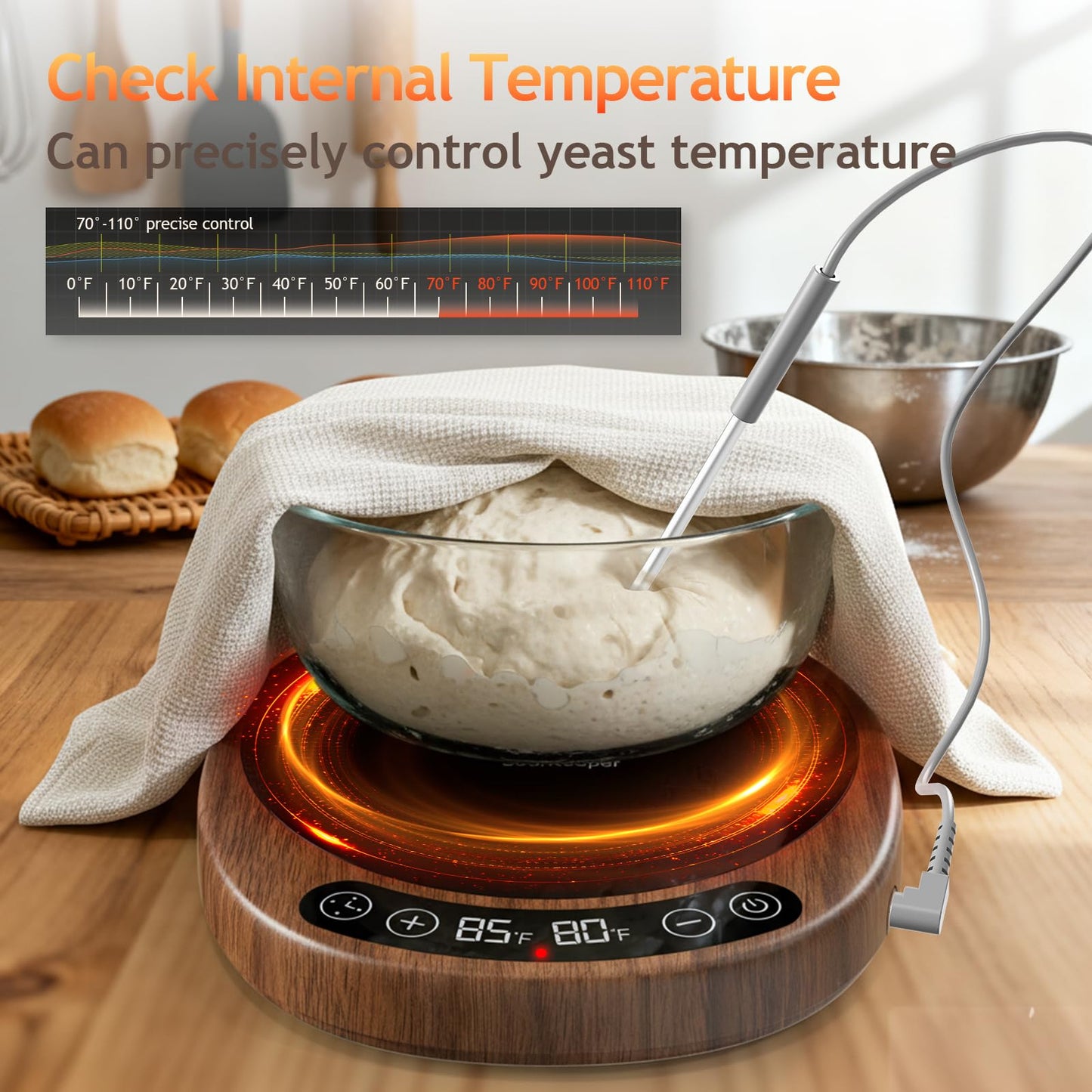 Pakusane SourKeeper, Larger 2-in-1 Sourdough Starter Warmer Pro - 2026 Upgrade Larger Heating Plate, Dough Temp Probe, 1°F Control (70–110°F), 24H Timer, Real-Time Monitoring Walnut,6.5inch