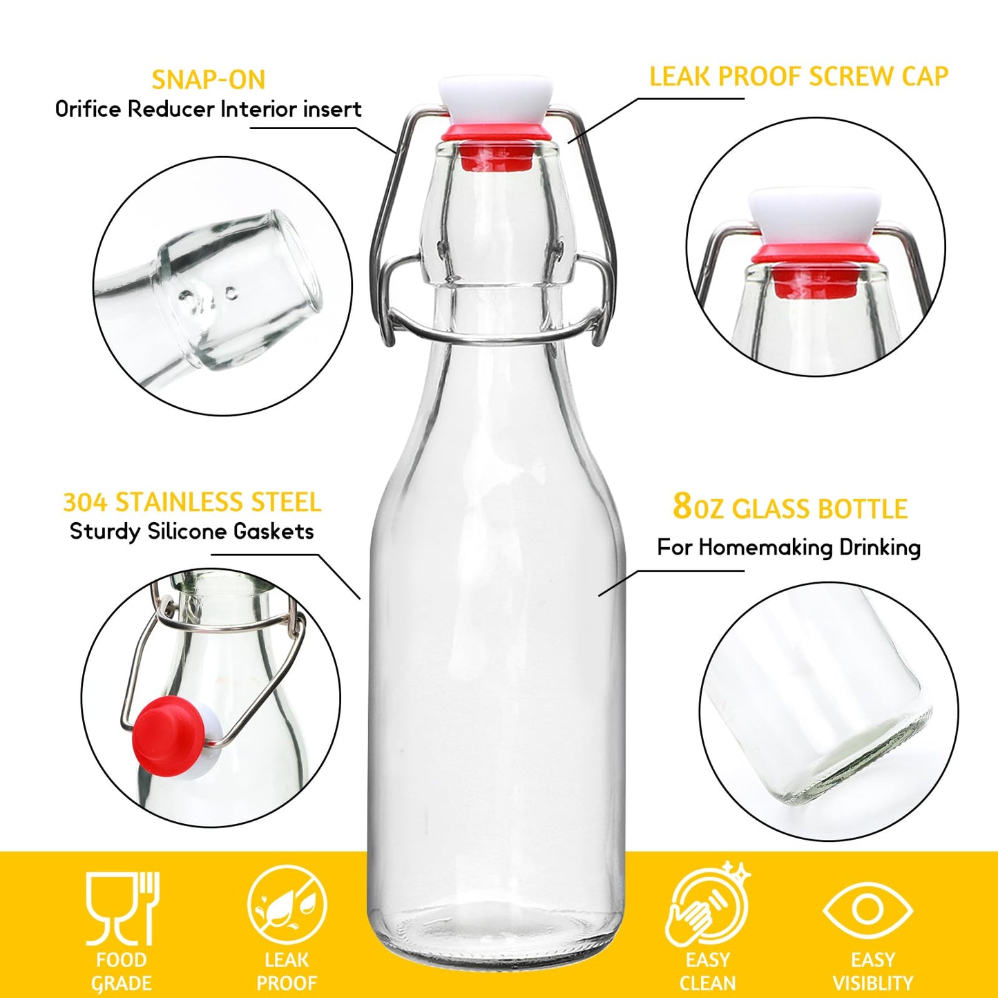 Brajttt 8 Set,8oz Flip Top Glass Bottle,Kombucha Bottles with Airtight Lid,Coquito Swing Top Glass Bottles with Lid for Oil, Beer, Soda Water, Vinegar, Lemonade, Juice, Honey, DIY Storage Containers