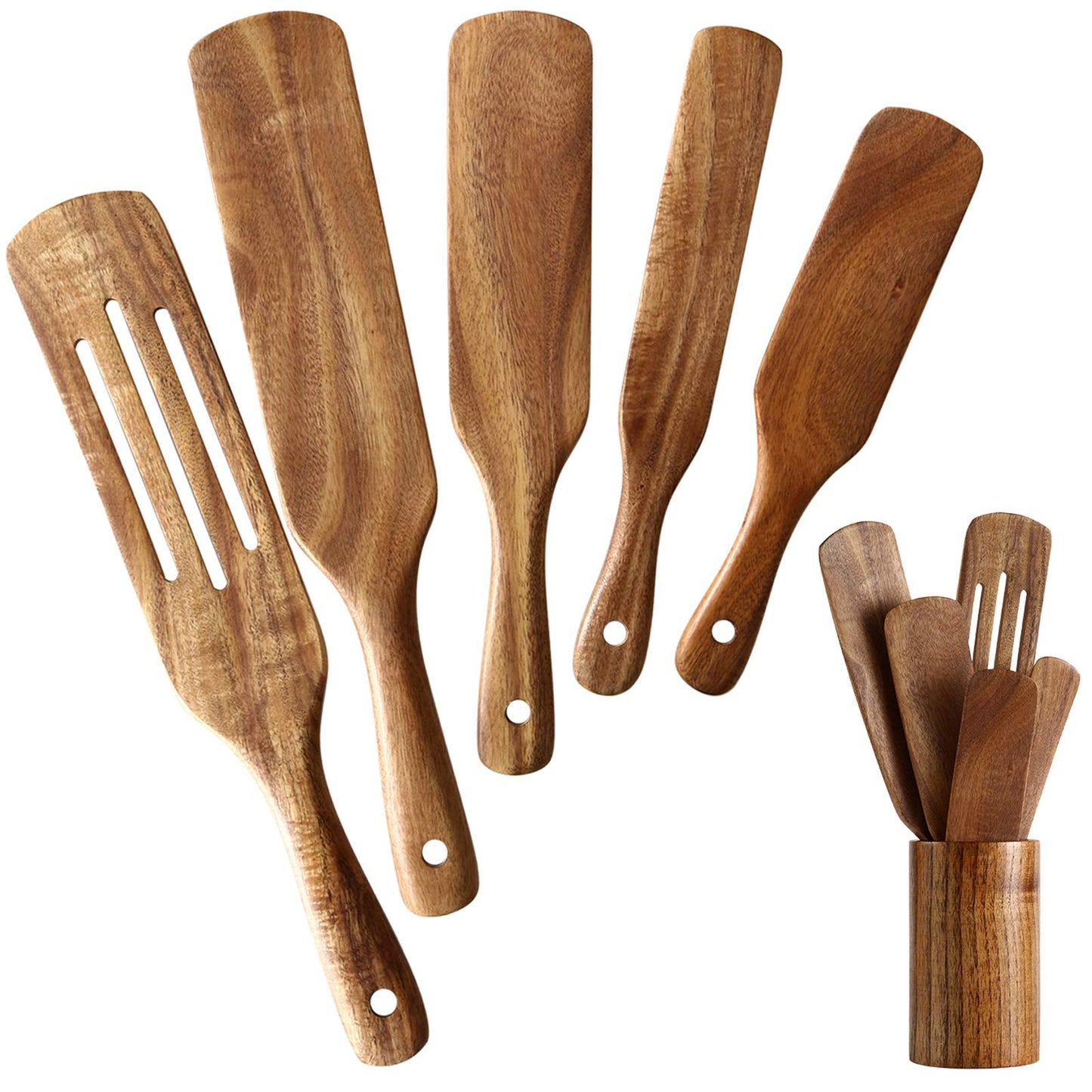 NAYAHOSE Wooden Spurtles Set with Holder, Natural Teak Kitchen Utensil Set of 6, Heat Resistant Non Stick Wood Cookware with Hanging Hole, Wood Spurtles Spatula Sets for Stirring, Mixing, Serving