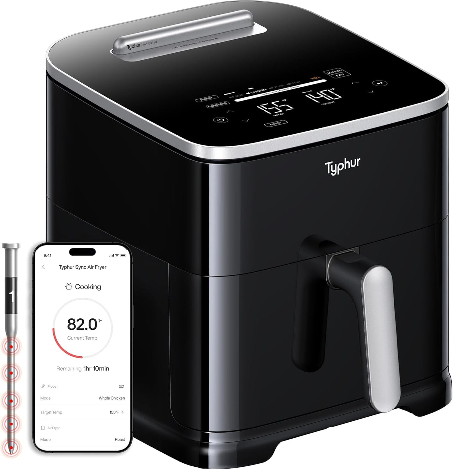 Typhur Sync 8QT AI Smart Air Fryer - 9-in-1 Non-Toxic Ceramic with Wireless Meat Thermometer | Cooks 6lb Chicken