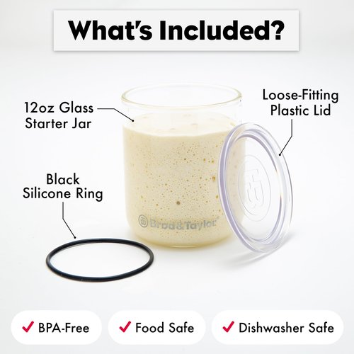 Brod & Taylor Small Sourdough Starter Jar (12oz) Less Discard Waste, 100% Dishwasher Safe, Measurement Markings, and Height Marker (Durable Glass Jar, BPA-Free)