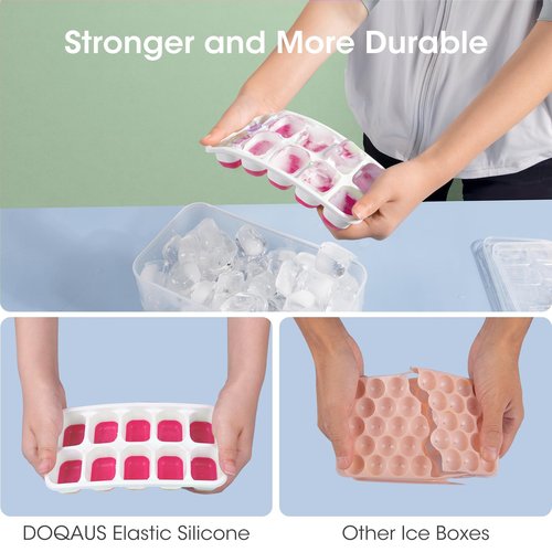 DOQAUS Ice Cube Tray with Lid and Bin - 4 Pack Silicone Ice Cube Trays for Freezer, Stackable Ice Bucket Kits with Storage Container & Scoop for Kitchen, RV, Cocktail, Coffee