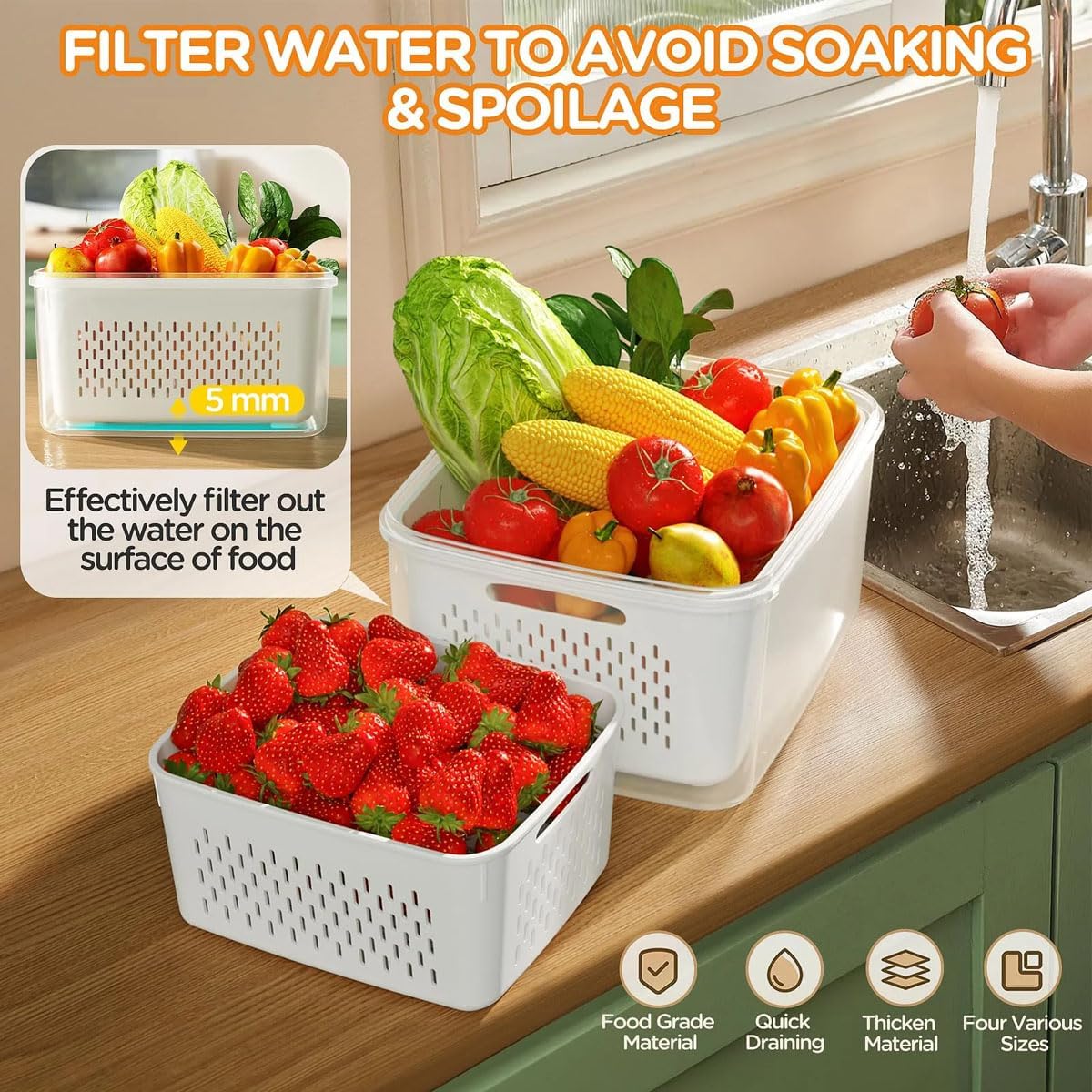Skiennix 4-in-1 Food Storage Container - Versatile Fruit Strainer with Lid | Blue, S/M/L Sizes