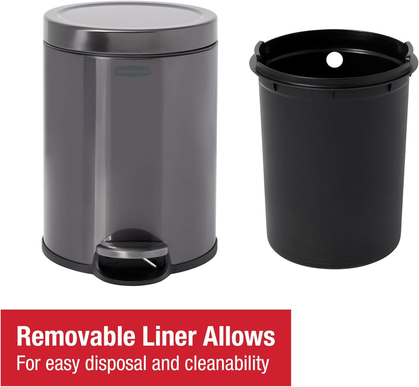 Rubbermaid Stainless Steel Round Step-On Trash Can - 1.6 Gallon Charcoal Wastebasket with Lid for Home & Office