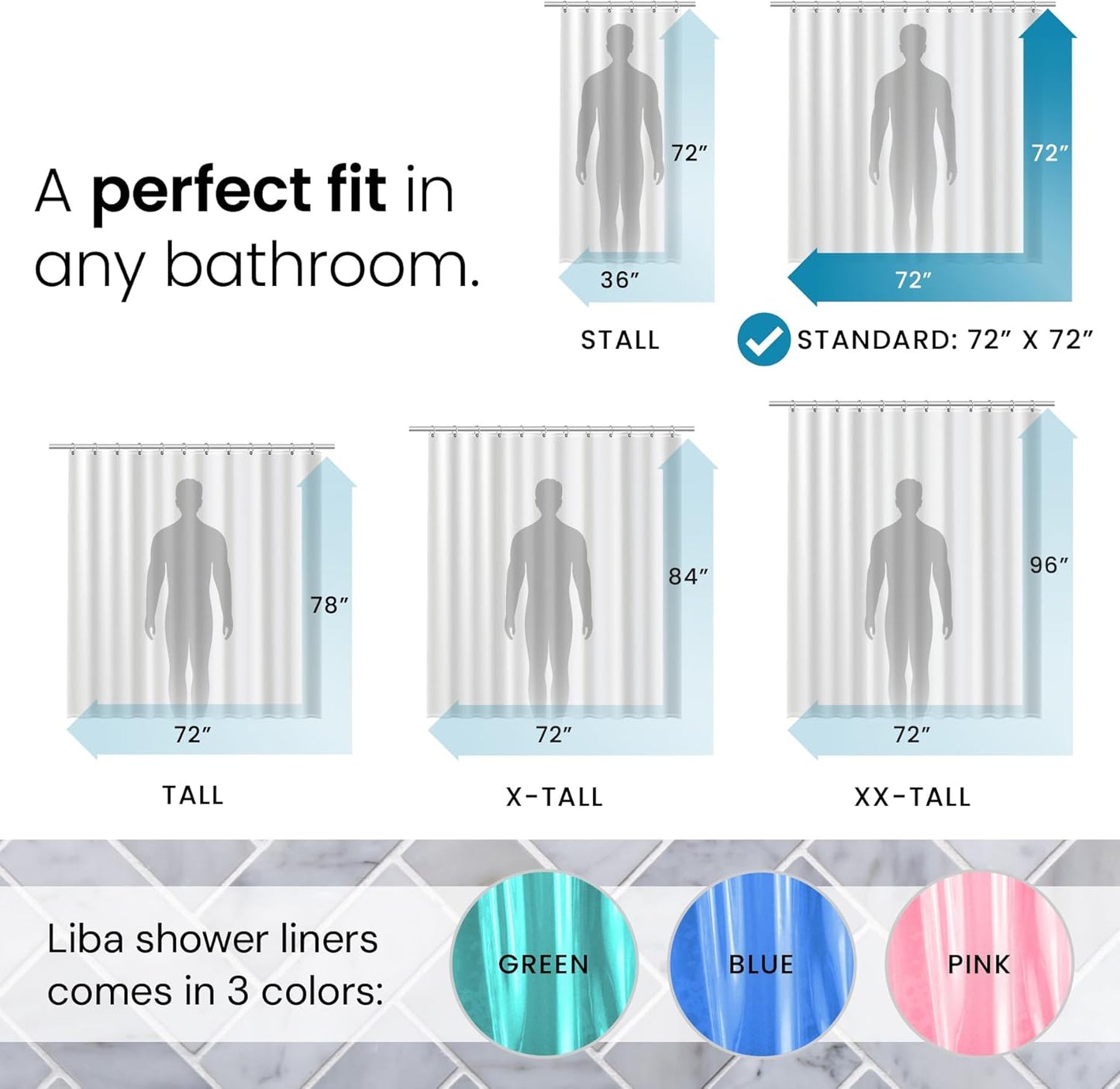 LiBa Premium PEVA Shower Curtain Liner - Non-Toxic Waterproof Design with Rust-Proof Grommets | 72x72 Inches, Blue Clear