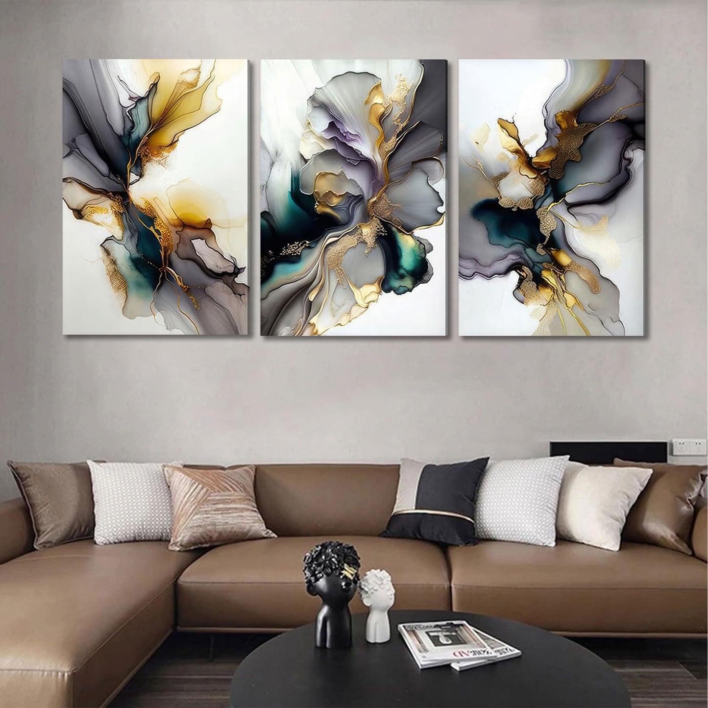 3pcs Black And Gold Abstract Canvas Wall Art Modern Texture Grey And Gold Marble Fluid Wall Decor Posters Prints Pictures for Living Room Bedroom Office Home Decoration Ready To Hang