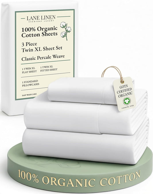 LANE LINEN 100% Organic Cotton Twin XL Sheets Set - Soft, Breathable 3-Piece White Percale Bedding